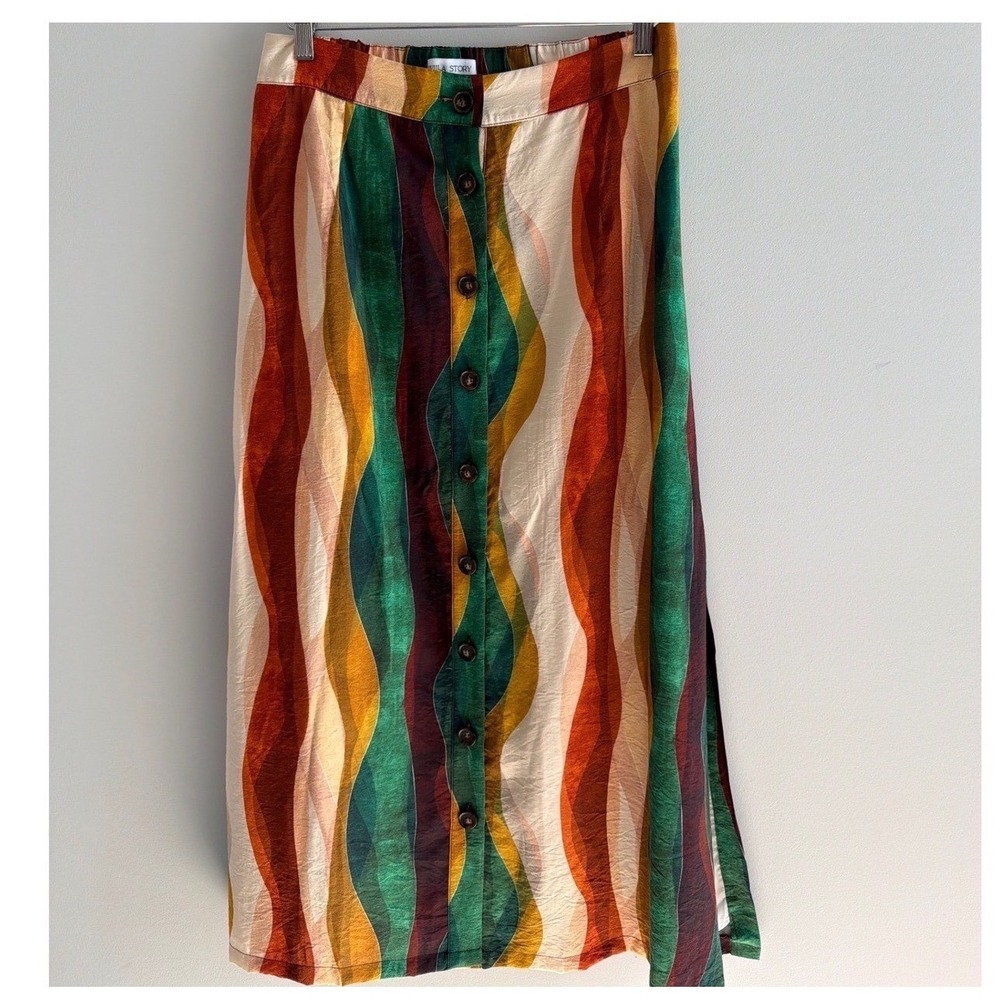 Willa Story Abstract Wavy Print Button Front Midi Skirt Green Rust Gold Large - Picture 2 of 10